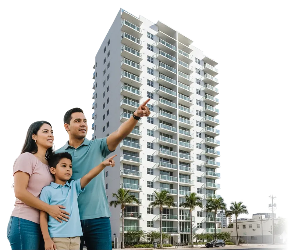 Una familia señala el edificio donde quiere vivir